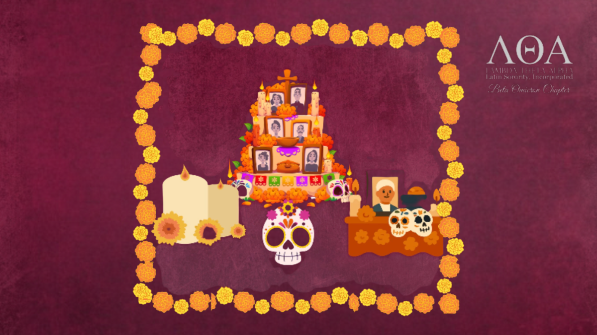 Dia de los Muertos altar art with marigold border