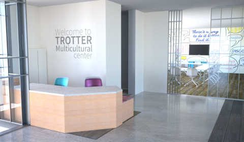 Reception Hub: As you enter Trotter on State Street, you encounter the reception hub which includes a multiple user desk constructed with wood reclaimed from a tree that grew on the site prior to the start of construction.