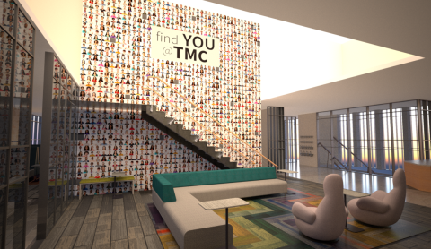 Open Lounge: Located on the first floor and adjacent to the reception hub , the open lounge features a two-story graphic wall that will include over 1500 student portraits and mirrors inviting guests to see themselves at TMC.