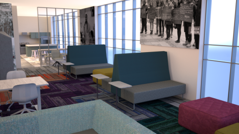 Main Lounge: The main lounge is a large community space on the first floor. The space is encircled by a visual timeline of student activism on campus. Vibrant finishes, varying textures and flexible furniture are also planned for this space.
