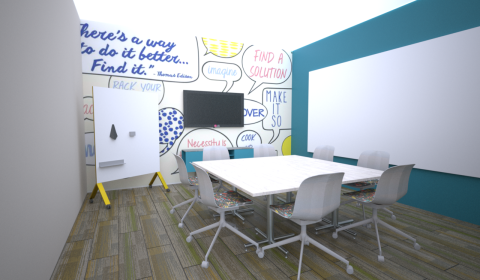 Medium Meeting Room: The medium meeting room is located on the first floor and will seat eight people. The space has a word bubble graphic and large whiteboard walls including words and phrases meaningful to Trotter.