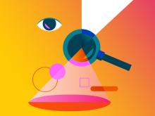 Abstract illustration of clarity, including an eyeball, magnifying glass, and geometric shapes