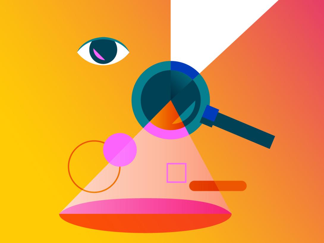 Abstract illustration of clarity, including an eyeball, magnifying glass, and geometric shapes