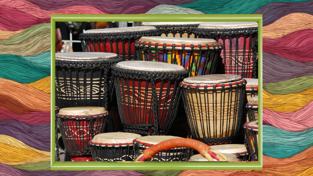 Group of colorful djembe drums with colorful background